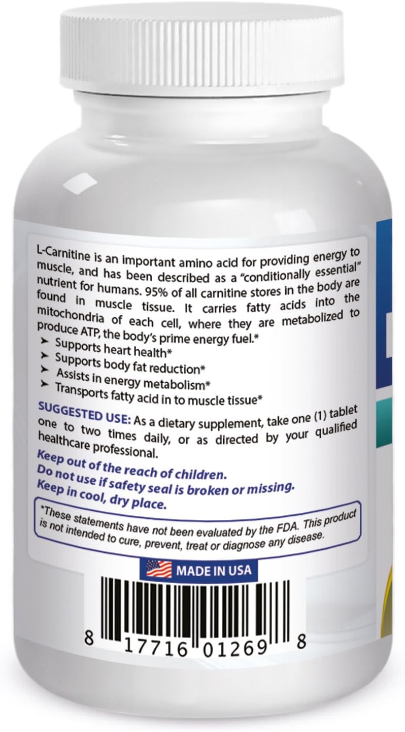 High Potency L-Carnitine Fumarate 1000mg Tablets - 120 Count - Enhances Cellular Energy Production