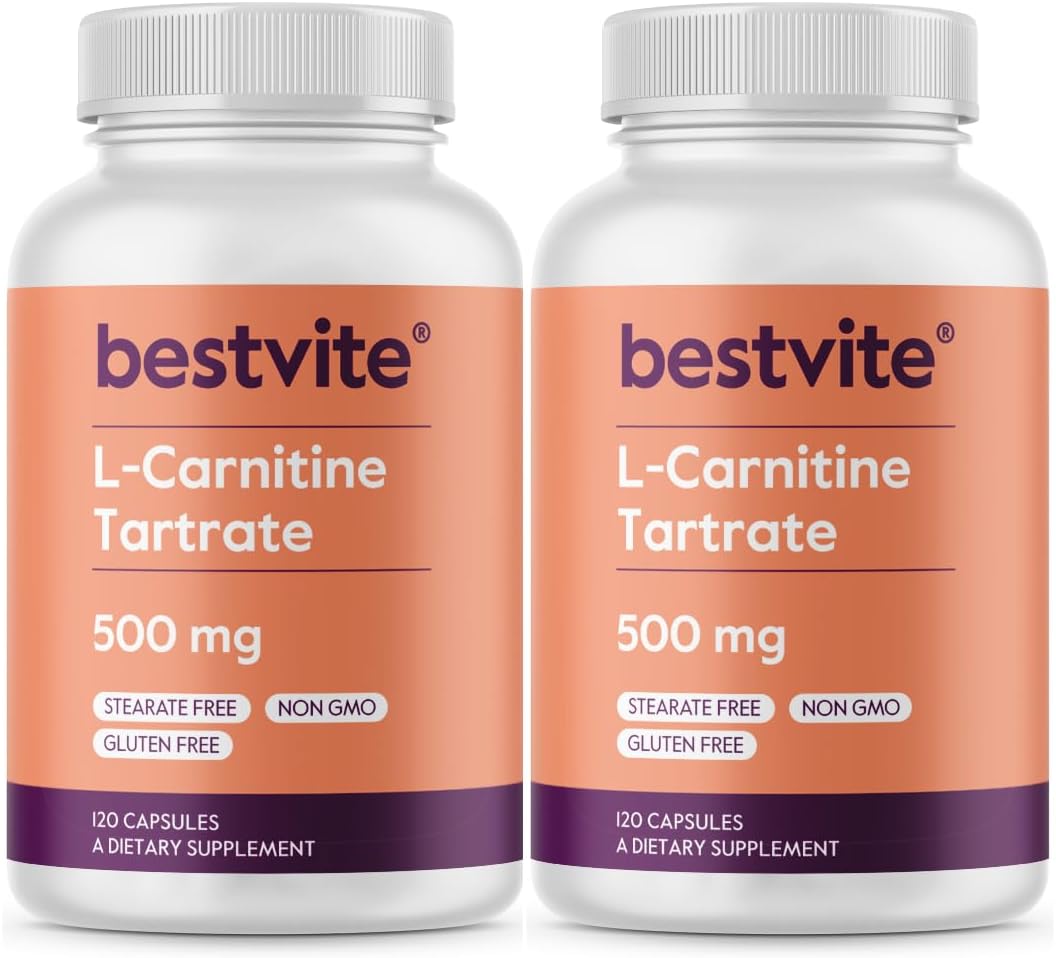 High Potency L-Carnitine Tartrate 500mg Capsules - 240 Count (2 Bottles of 120) - No Stearates - Non GMO - Gluten Free