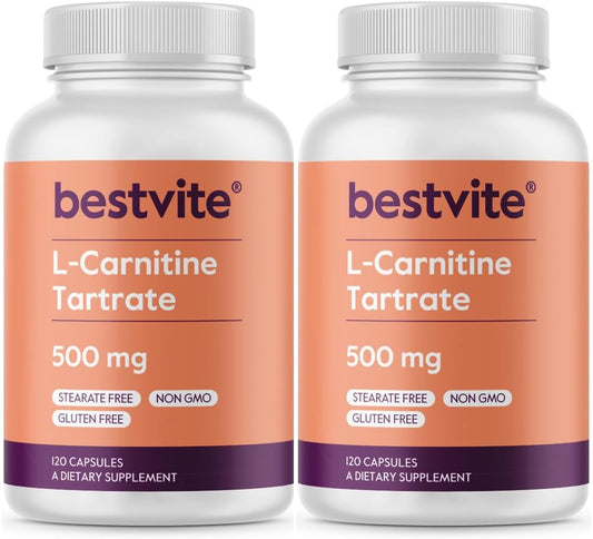 High Potency L-Carnitine Tartrate 500mg Capsules - 240 Count (2 Bottles of 120) - No Stearates - Non GMO - Gluten Free