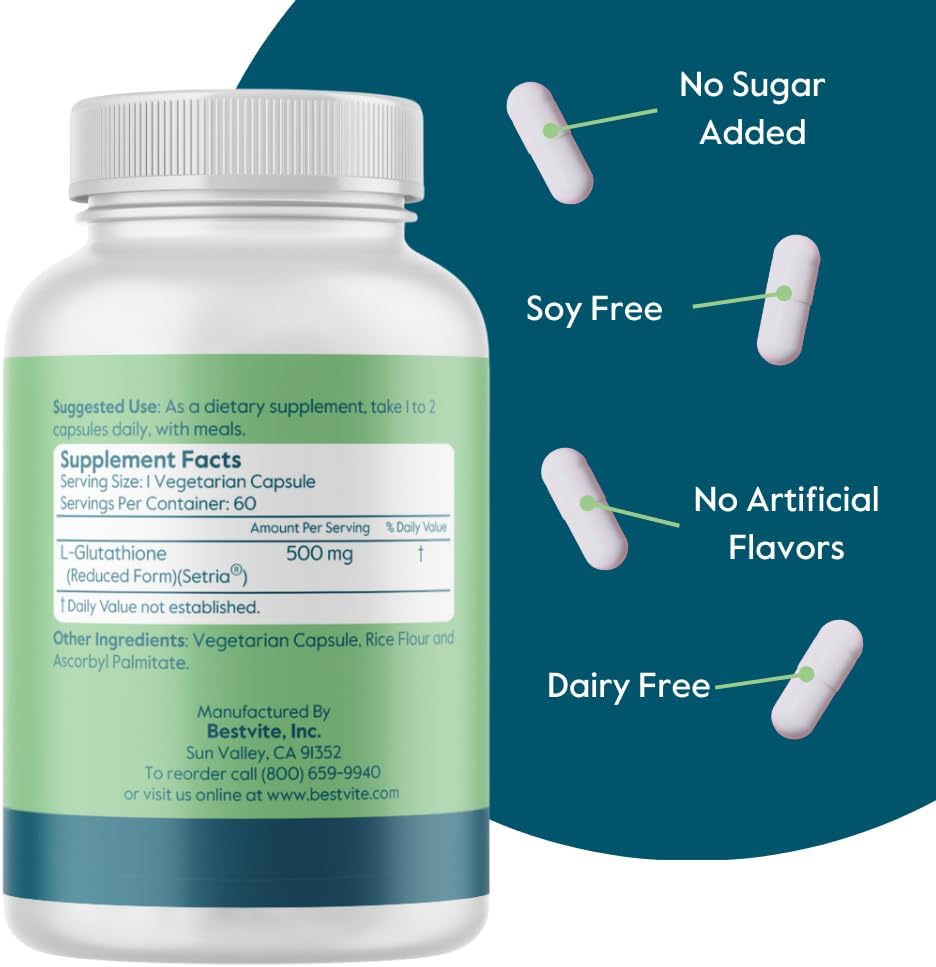 High Potency L-Glutathione 500mg with Setria - 60 Vegan Capsules - Non-GMO - Gluten-Free - No Stearates