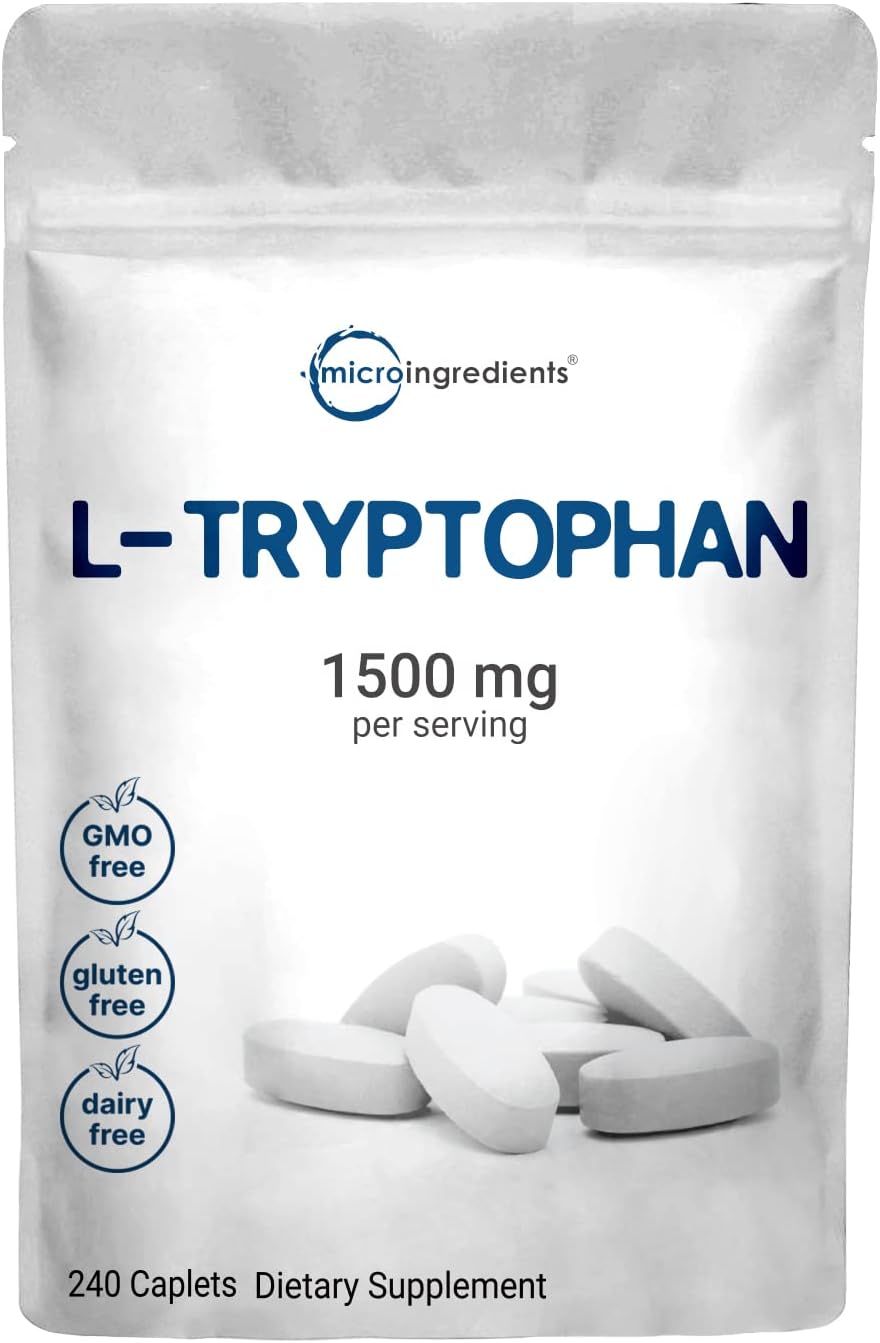 High Potency L-Tryptophan Supplement 240 Caplets - 1500mg Per Serving - Mood and Relaxation Support - Non-GMO - Easy to Swallow - 500mg Per Caplet