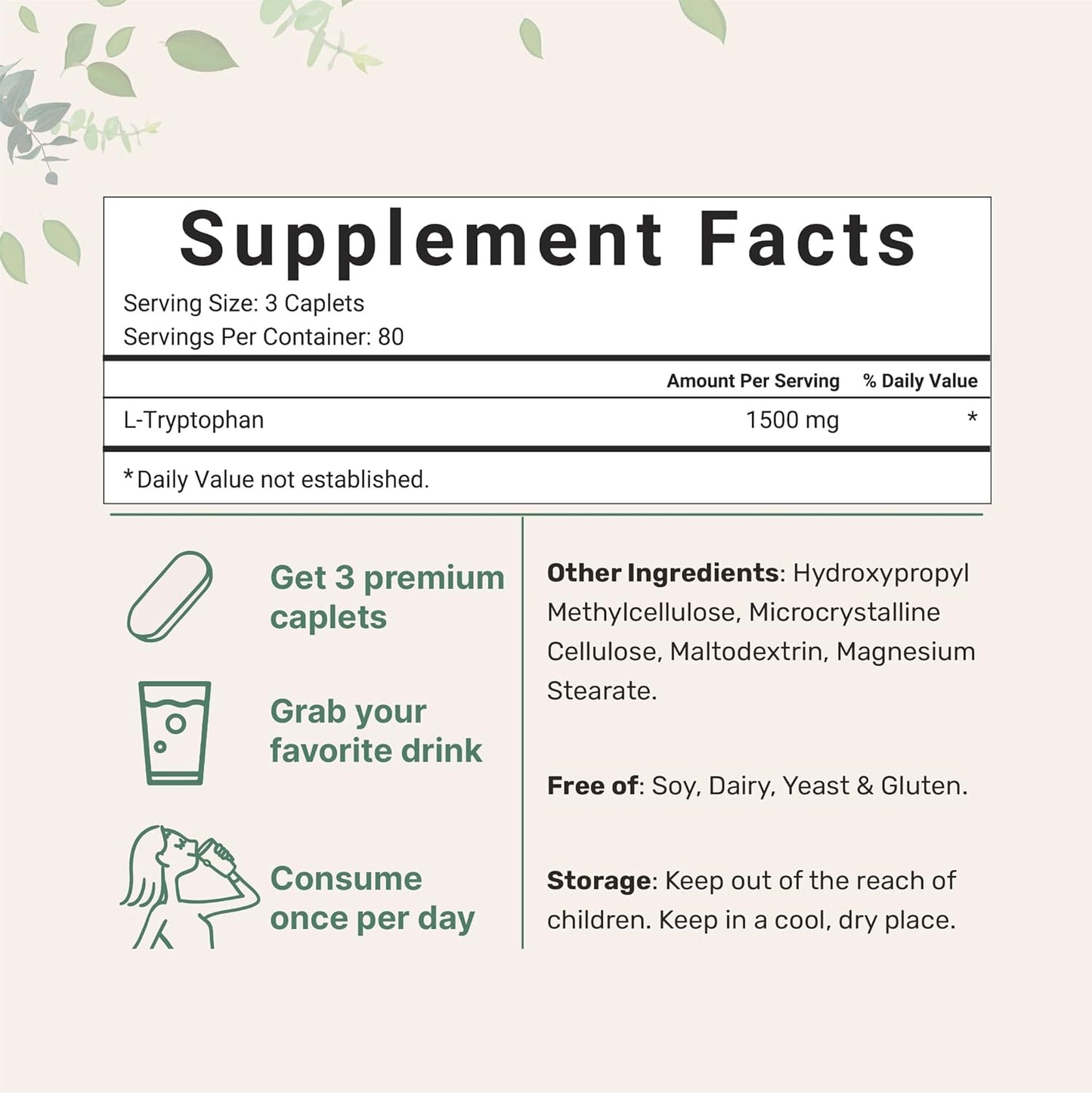 High Potency L-Tryptophan Supplement 240 Caplets - 1500mg Per Serving - Mood and Relaxation Support - Non-GMO - Easy to Swallow - 500mg Per Caplet