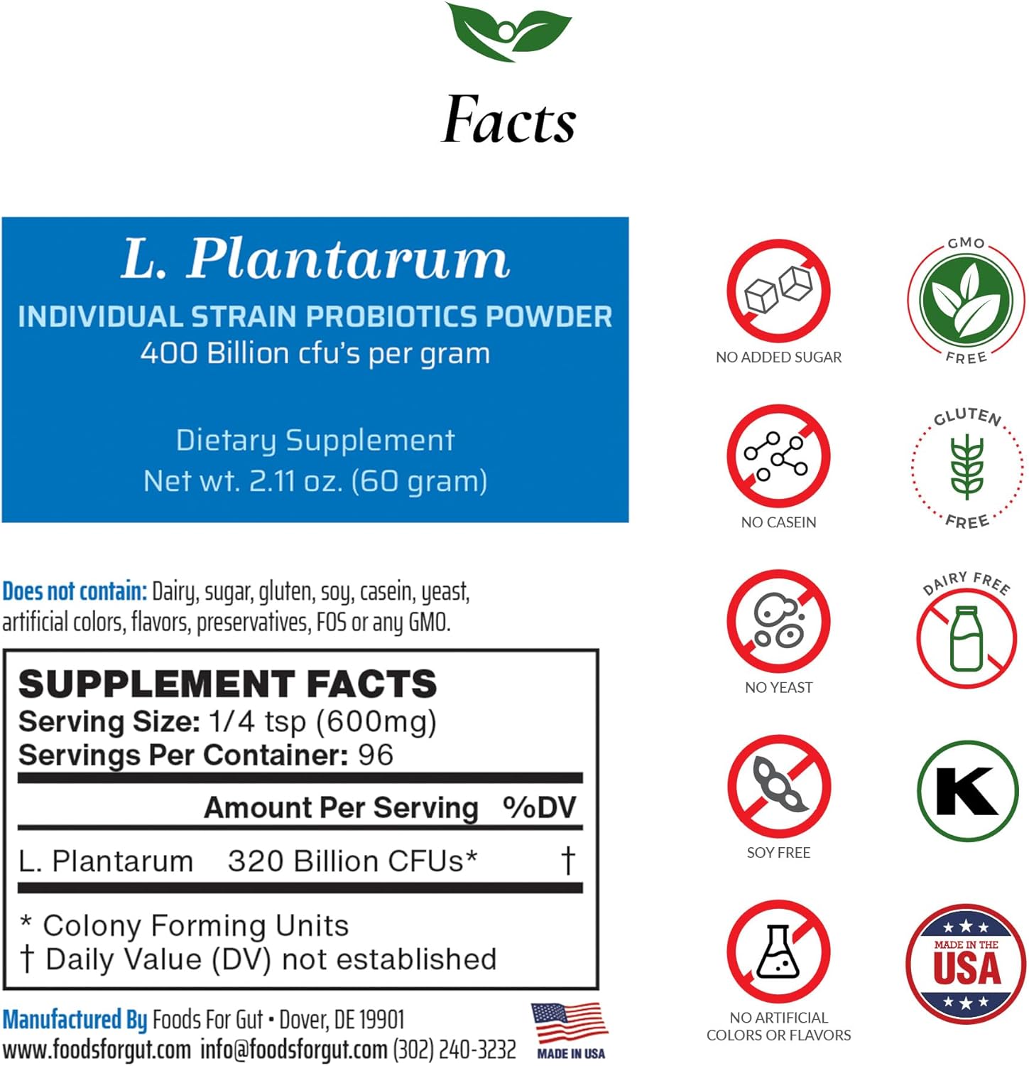 High Potency Lactobacillus Plantarum Probiotic Powder 400 Billion cfu's for Digestive & Immune Support - 60g Made in USA - No Additives