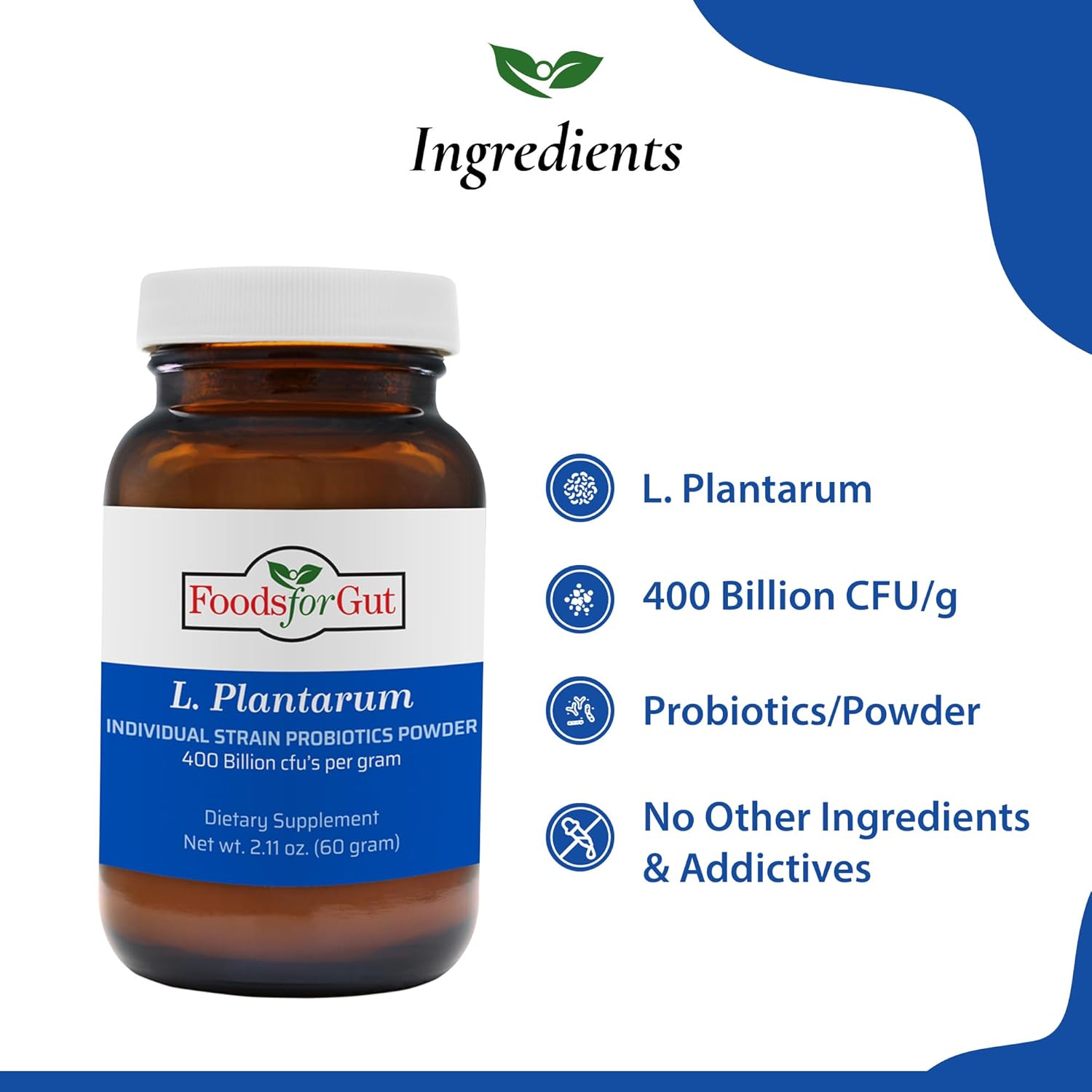High Potency Lactobacillus Plantarum Probiotic Powder 400 Billion cfu's for Digestive & Immune Support - 60g Made in USA - No Additives