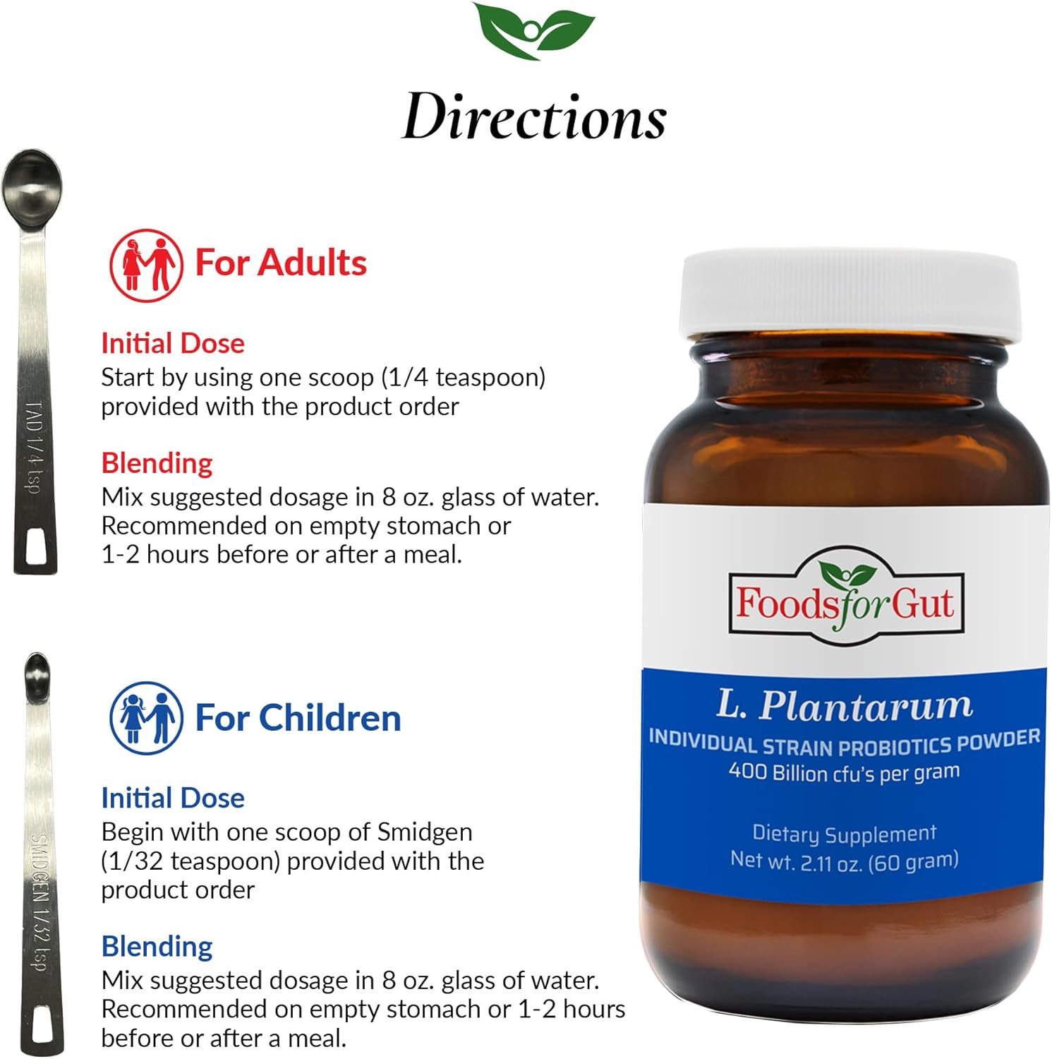 High Potency Lactobacillus Plantarum Probiotic Powder 400 Billion cfu's for Digestive & Immune Support - 60g Made in USA - No Additives