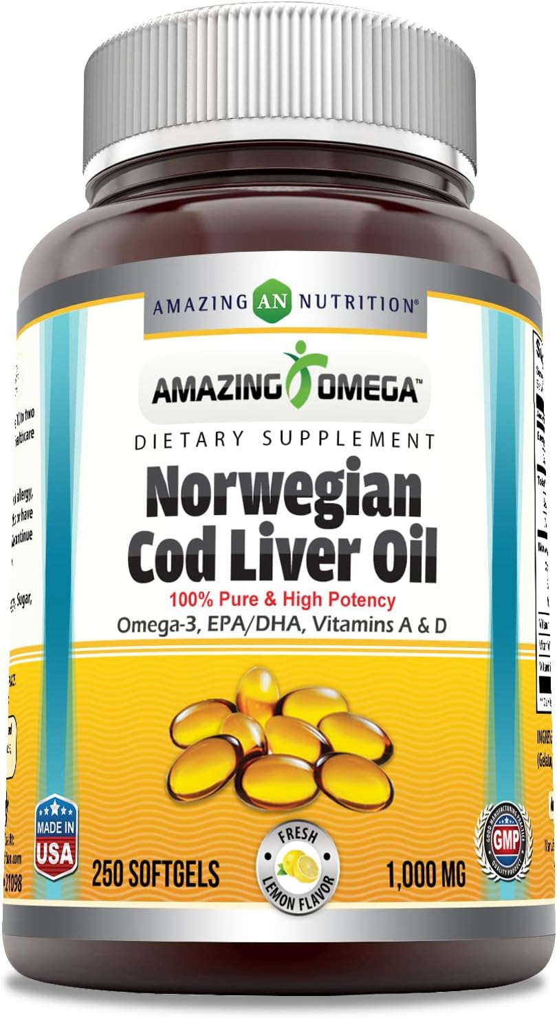 High Potency Lemon-Flavored Norwegian Cod Liver Oil Softgels - 1000mg, 250 Count by Amazing Nutrition