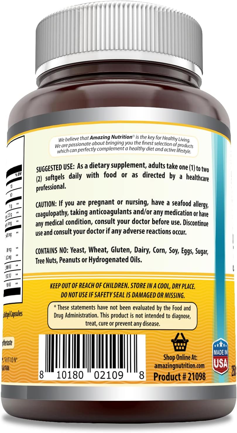 High Potency Lemon-Flavored Norwegian Cod Liver Oil Softgels - 1000mg, 250 Count by Amazing Nutrition