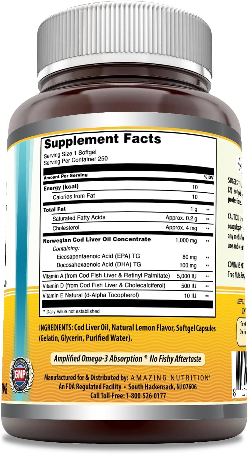 High Potency Lemon-Flavored Norwegian Cod Liver Oil Softgels - 1000mg, 250 Count by Amazing Nutrition