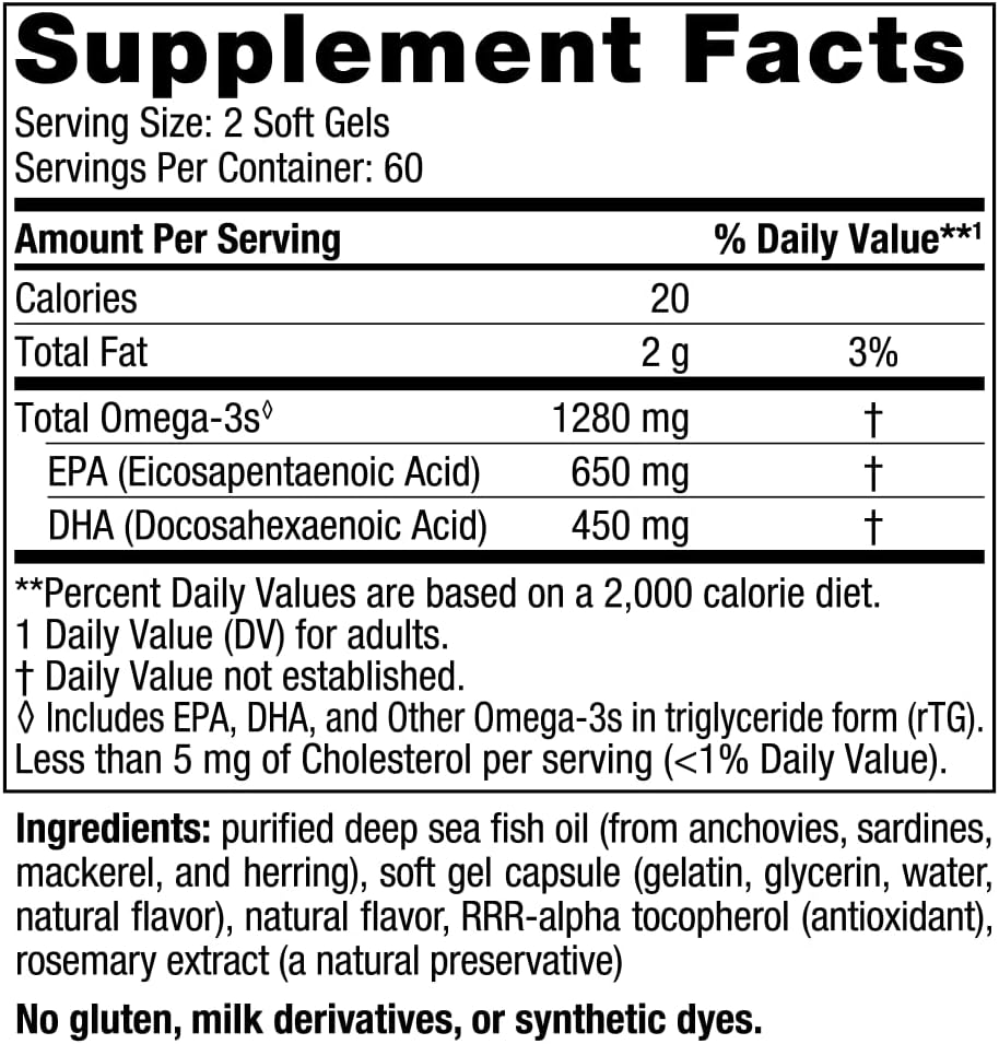 High-Potency Lemon Flavored Omega-3 Fish Oil Soft Gels - 120 Count - 1280mg EPA & DHA - Brain & Heart Health Support - Non-GMO - 60 Servings