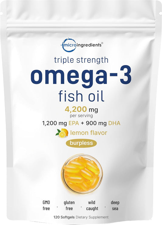 High-Potency Lemon Flavored Omega 3 Fish Oil Softgels - 4200mg, 120 Count - Burpless, Triple Strength EPA 1200mg + DHA 900mg - Deep Sea Fish Oil Supplement