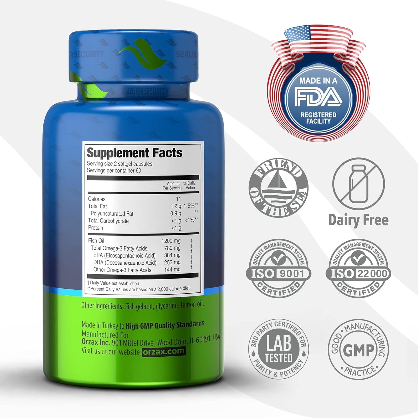 High Potency Lemon Flavored Omega 3 Fish Oil Supplement - 120 Softgels - Heart, Eye, Joint, Nerve & Brain Support - EPA DHA Omega 3 Formula