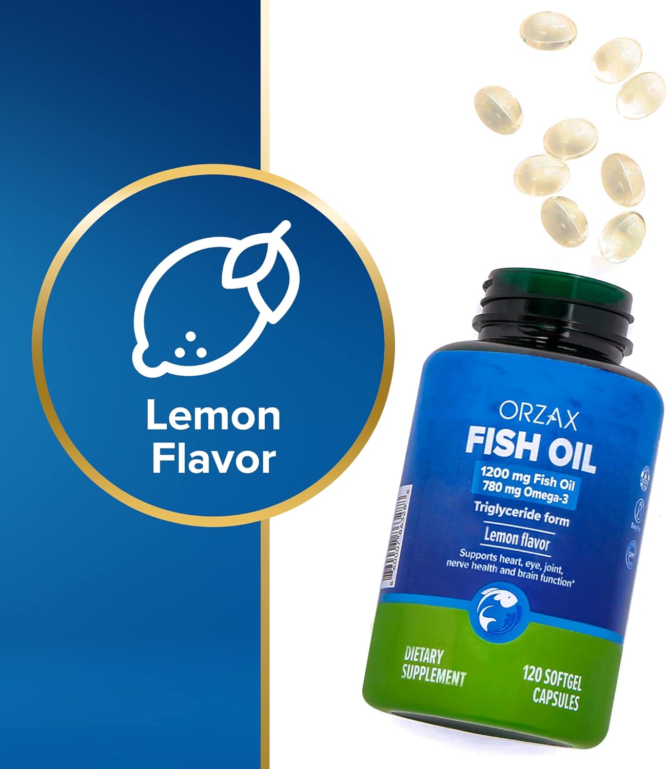 High Potency Lemon Flavored Omega 3 Fish Oil Supplement - 120 Softgels - Heart, Eye, Joint, Nerve & Brain Support - EPA DHA Omega 3 Formula