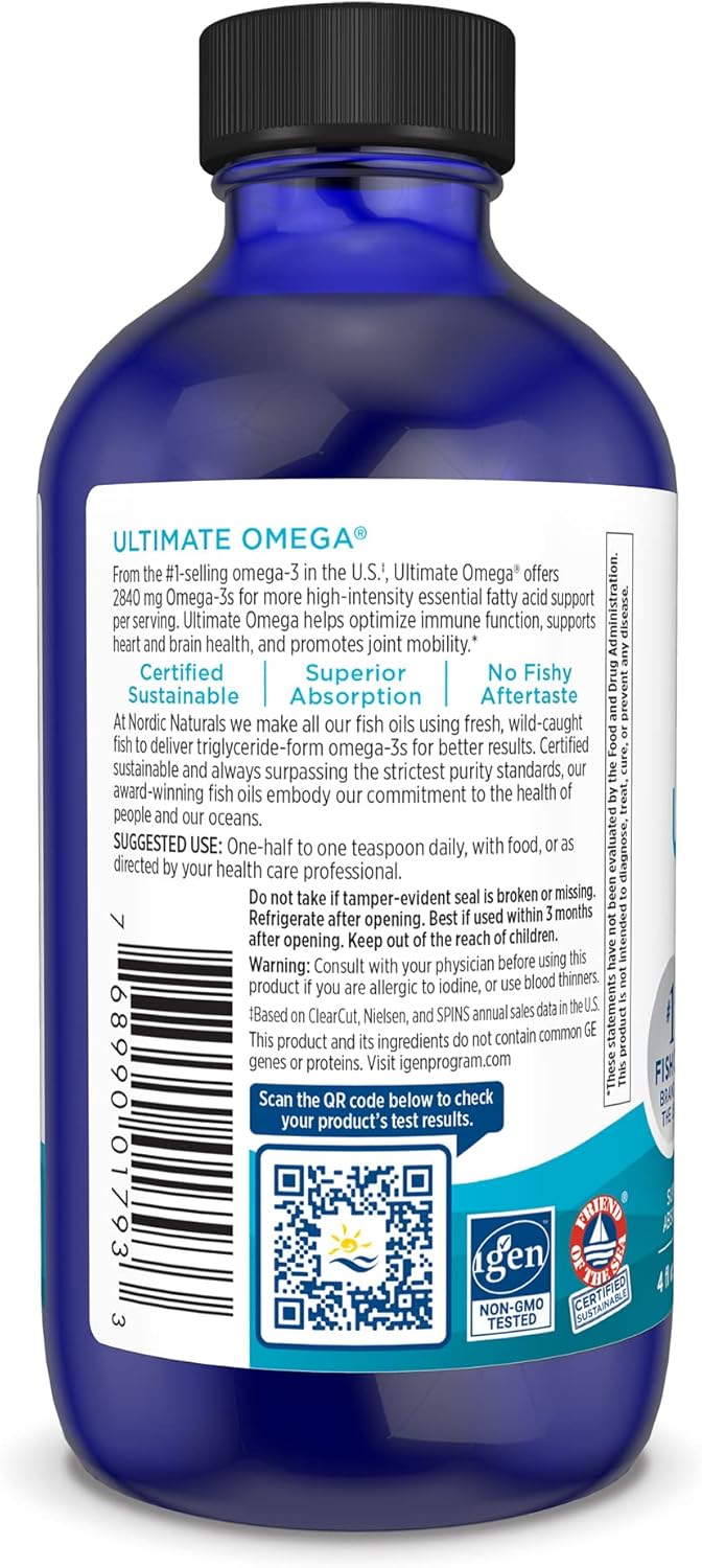 High-Potency Lemon Flavored Omega-3 Liquid Supplement - Nordic Naturals Ultimate Omega - 4 oz - 2840 mg EPA & DHA - Promotes Heart & Brain Health - Non-GMO - 24 Servings