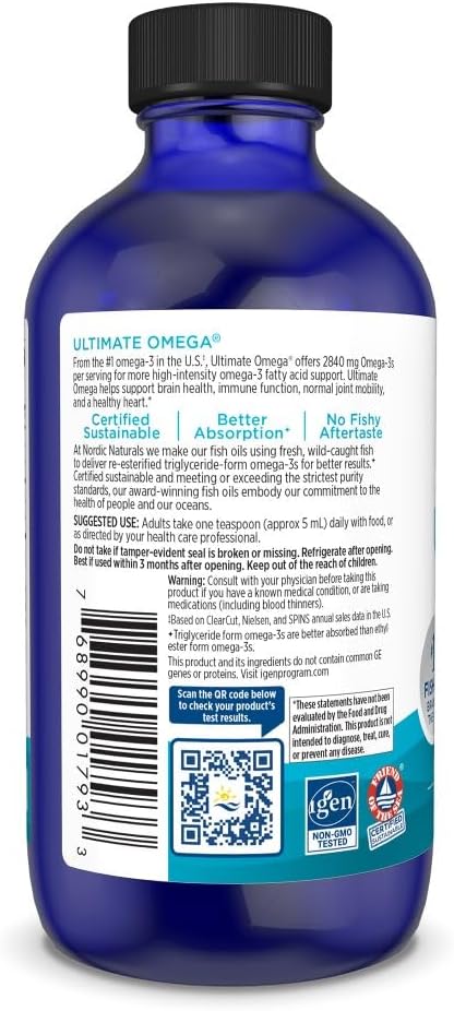 High-Potency Lemon Flavored Omega-3 Liquid Supplement - Nordic Naturals Ultimate Omega - 4 oz - 2840 mg EPA & DHA - Promotes Heart & Brain Health - Non-GMO - 24 Servings