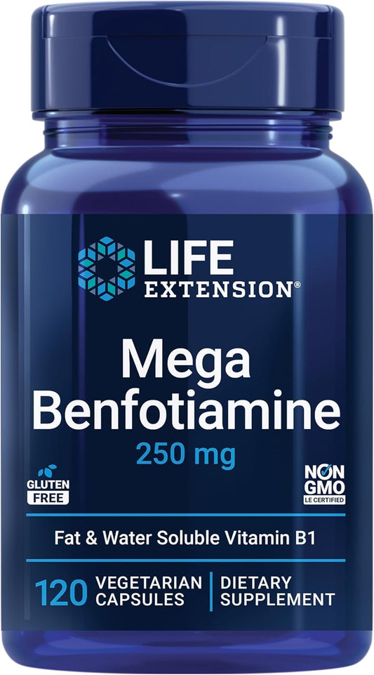High Potency Life Extension Mega Benfotiamine 250mg Capsules, Fat-Soluble Vitamin B1 for Healthy Metabolism, Ultra-Bioavailable, Gluten-Free, Non-GMO, Vegetarian - 120 Count