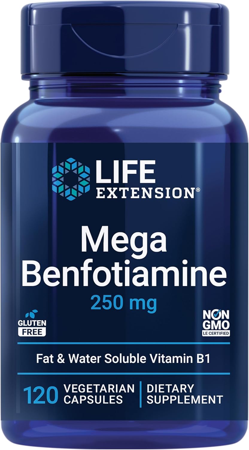 High Potency Life Extension Mega Benfotiamine 250mg Capsules, Fat-Soluble Vitamin B1 for Healthy Metabolism, Ultra-Bioavailable, Gluten-Free, Non-GMO, Vegetarian - 120 Count