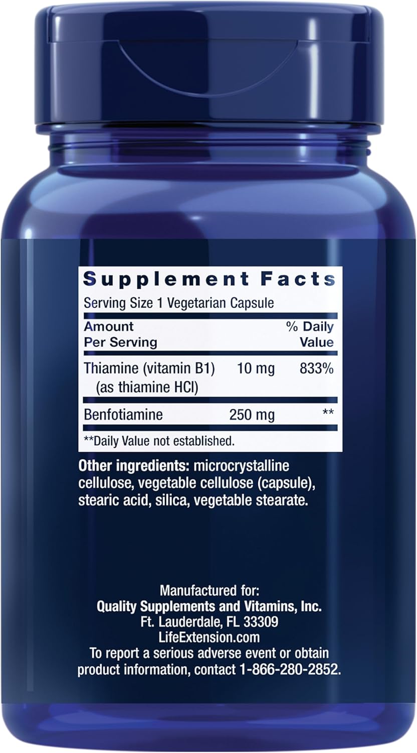 High Potency Life Extension Mega Benfotiamine 250mg Capsules, Fat-Soluble Vitamin B1 for Healthy Metabolism, Ultra-Bioavailable, Gluten-Free, Non-GMO, Vegetarian - 120 Count