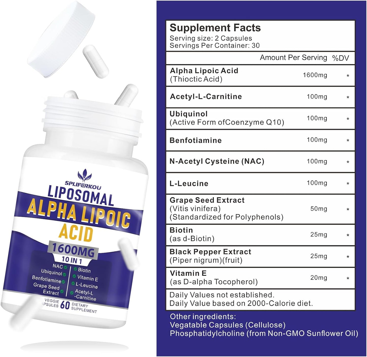 High Potency Liposomal Alpha Lipoic Acid 1600mg - Antioxidant & Energy Support - Gluten Free, Non GMO - 180 Capsules