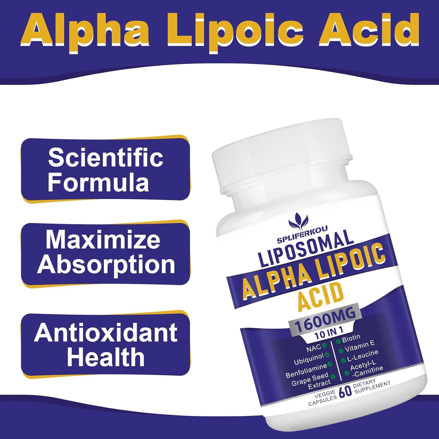 High Potency Liposomal Alpha Lipoic Acid 1600mg - Antioxidant & Energy Support - Gluten Free, Non GMO - 180 Capsules