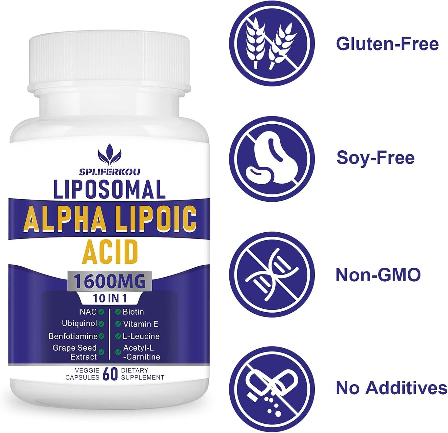 High Potency Liposomal Alpha Lipoic Acid 1600mg - Antioxidant & Energy Support - Gluten Free, Non GMO - 180 Capsules