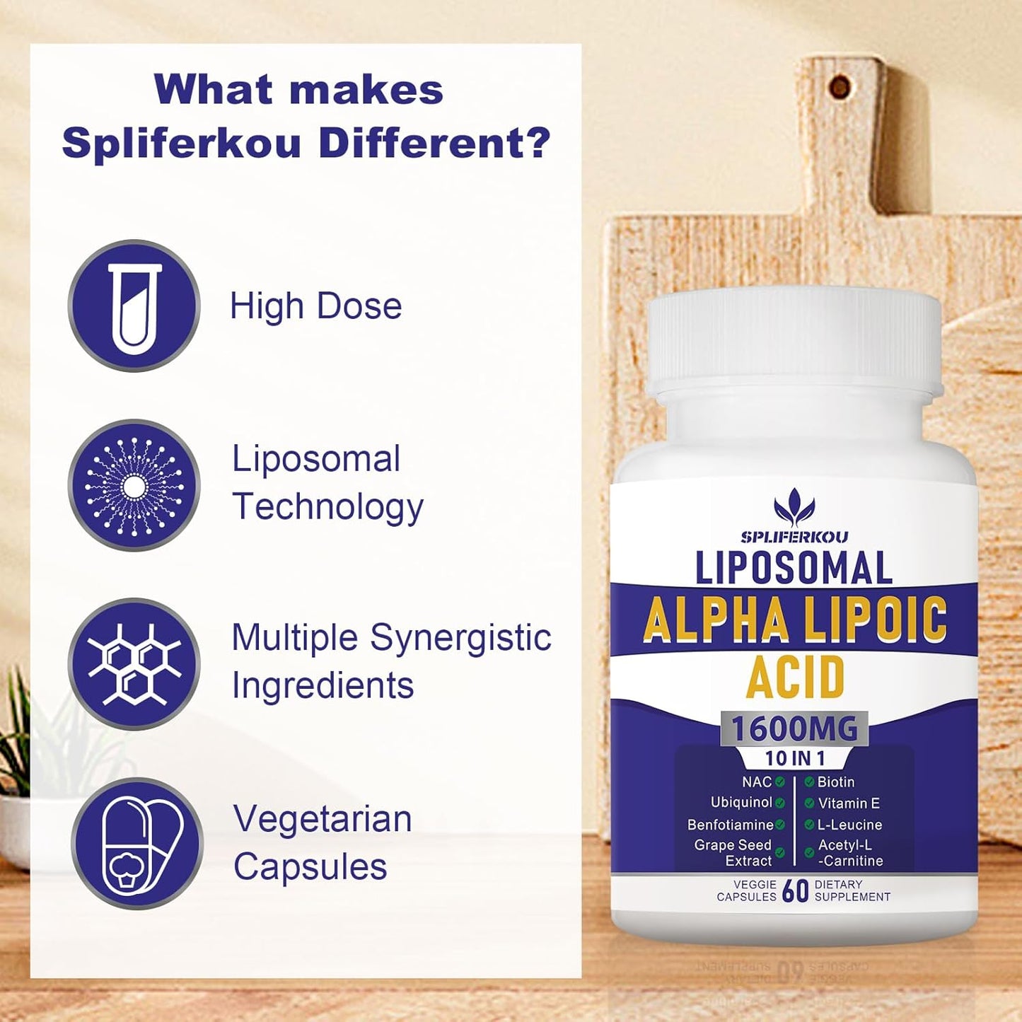 High Potency Liposomal Alpha Lipoic Acid 1600mg - Antioxidant & Energy Support - Gluten Free, Non GMO - 180 Capsules