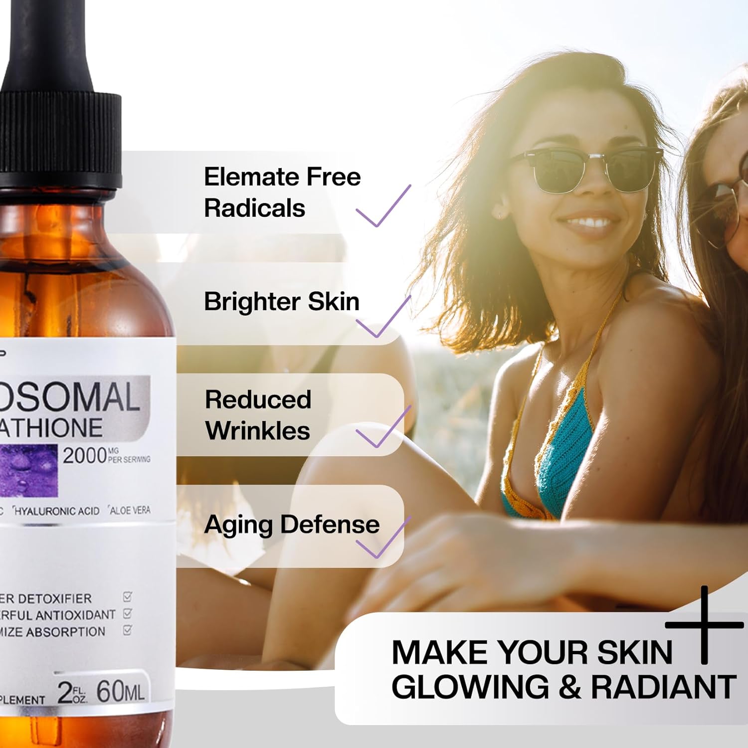 High Potency Liposomal Glutathione Liquid Drops with Vitamin C - 2000 MG Antioxidant Supplement for Men and Women