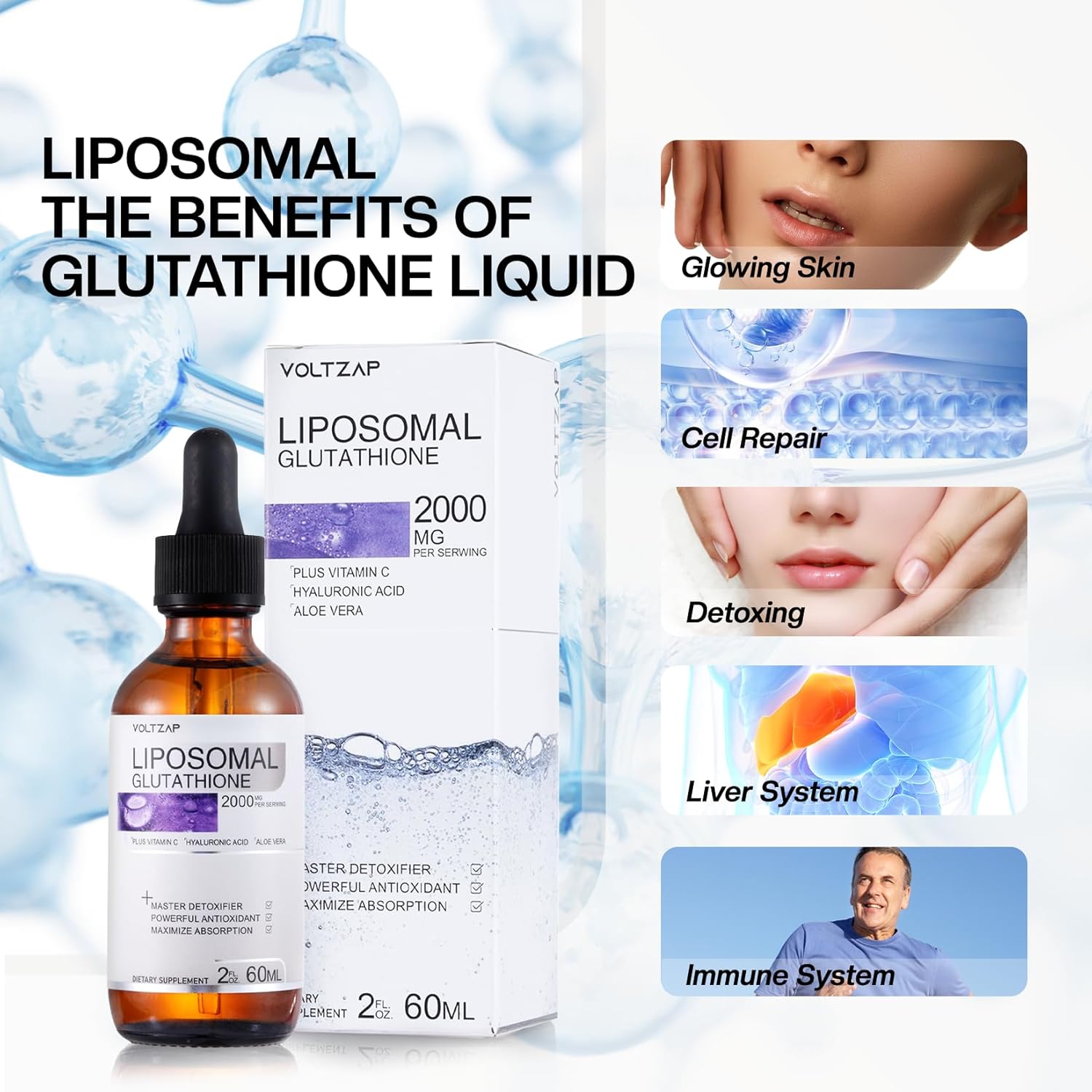High Potency Liposomal Glutathione Liquid Drops with Vitamin C - 2000 MG Antioxidant Supplement for Men and Women
