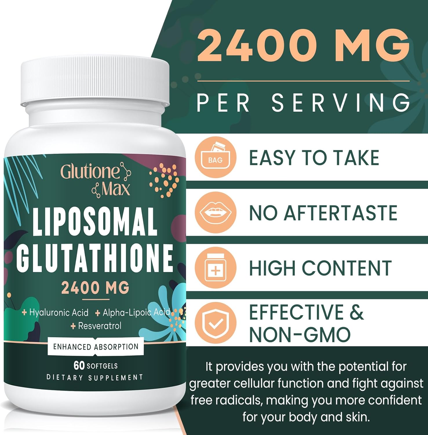 High Potency Liposomal Glutathione Supplement with Hyaluronic Acid, Resveratrol, and L-Glutathione Reduced for Antioxidant Support, Energy, and Aging Defense - 360 Softgels, Non-GMO, Maximum Absorption