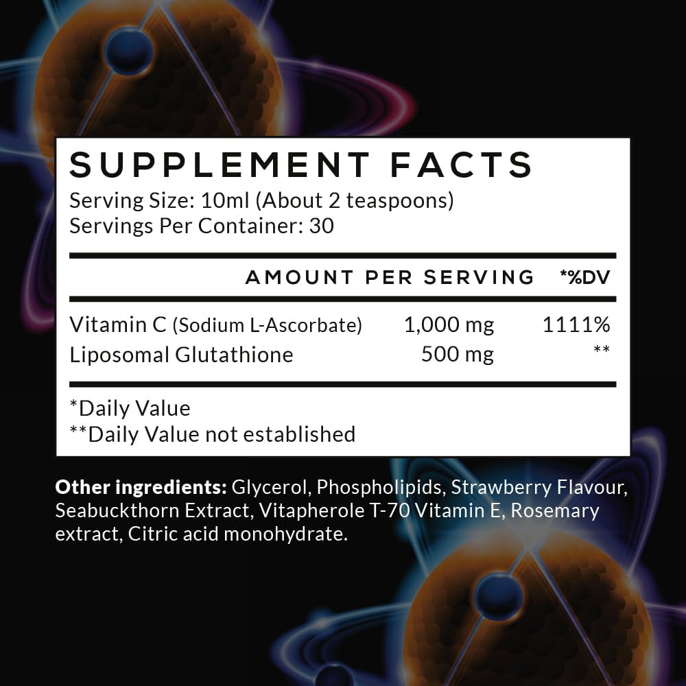 High Potency Liposomal Glutathione + Vitamin C Liquid Antioxidant Formula - 500mg Glutathione + 1000mg Vitamin C, 30 Servings
