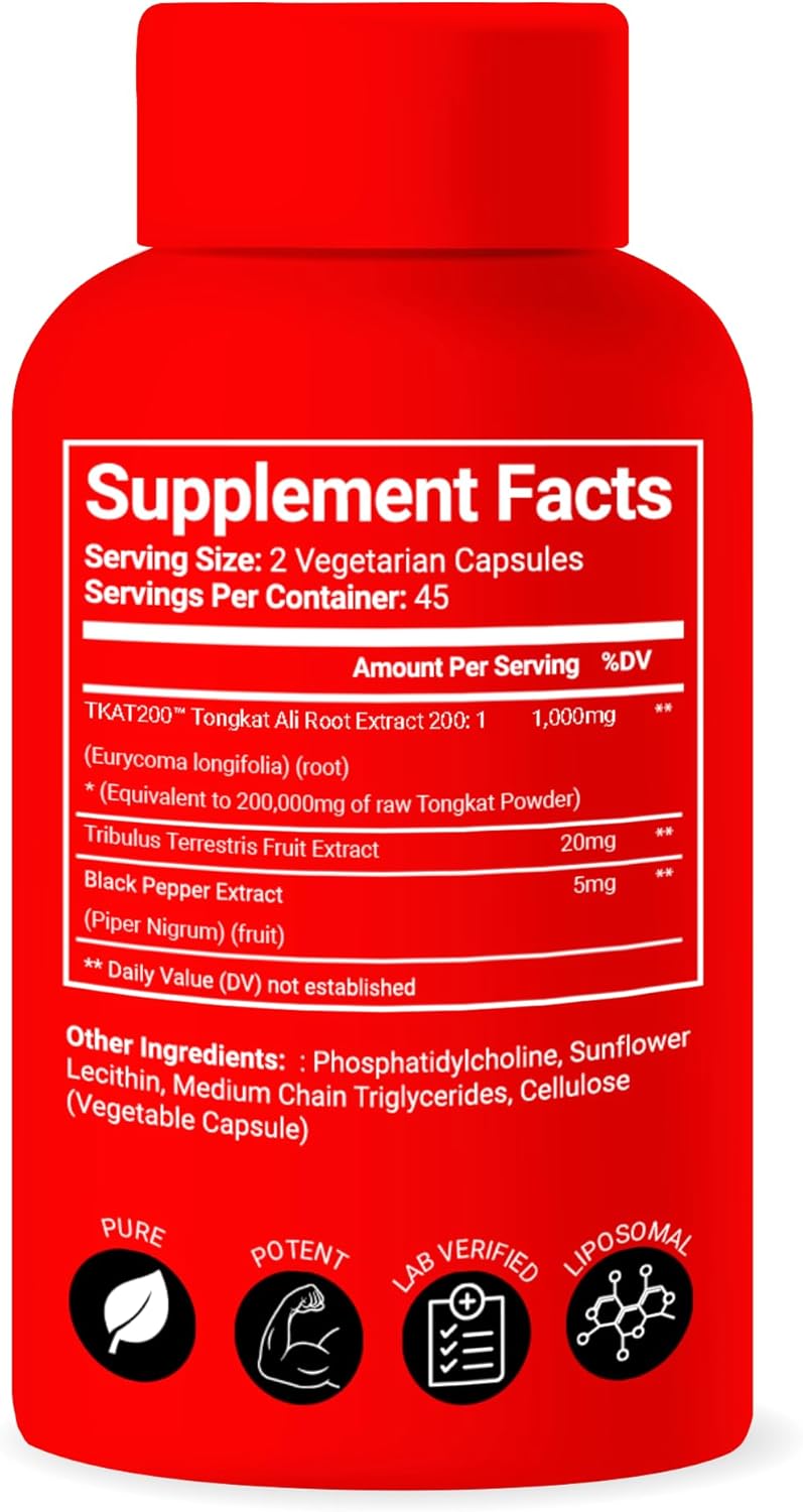 High Potency Liposomal Longjack Tongkat Ali Extract Capsules - 200,000 mg for Strength, Drive, Performance & Muscle Mass Boost