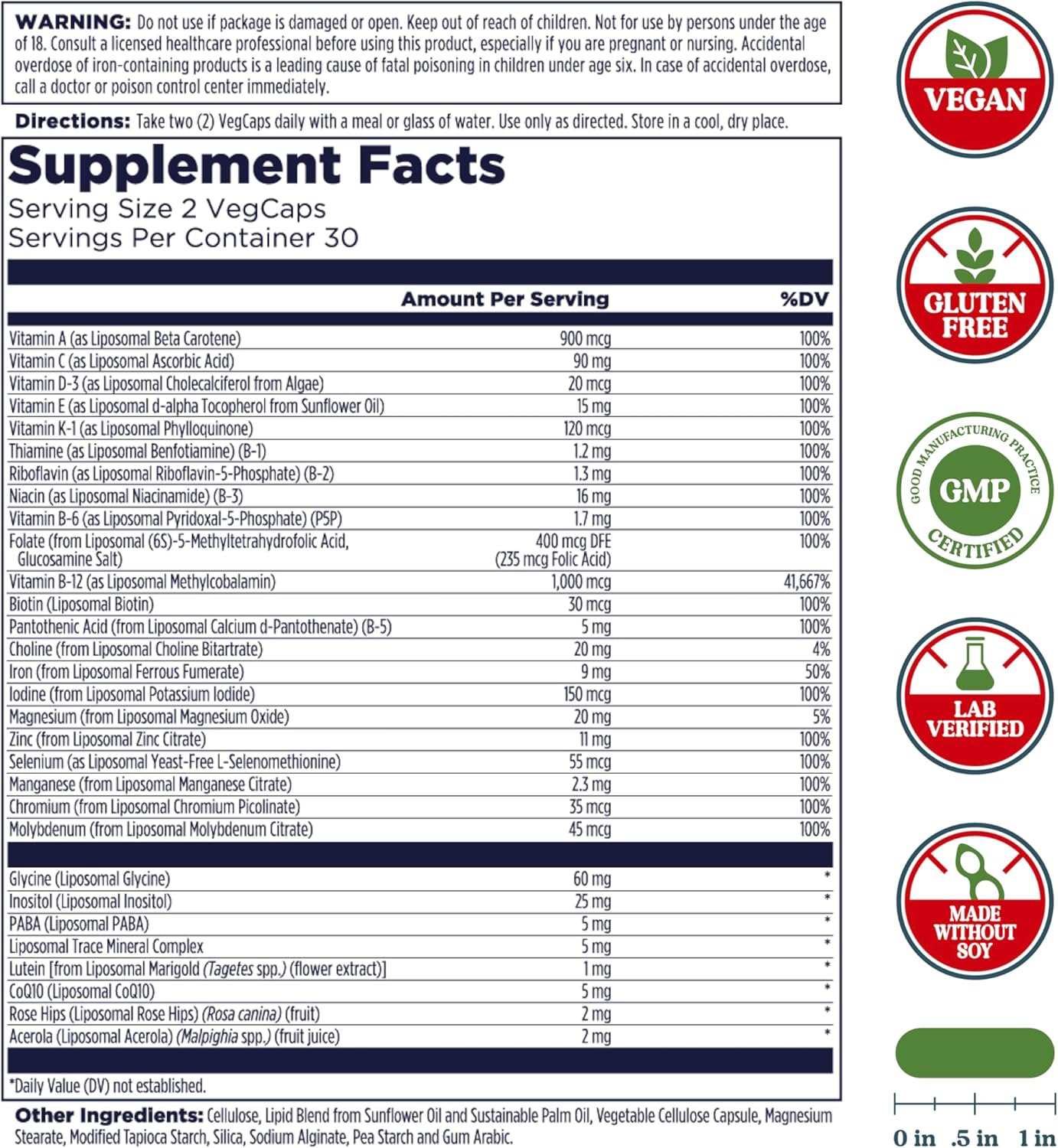 High Potency Liposomal Multivitamin for Men and Women - Cardiovascular and Nervous System Support - 30 Servings, 60 VegCaps - KAL Liposomal Formula