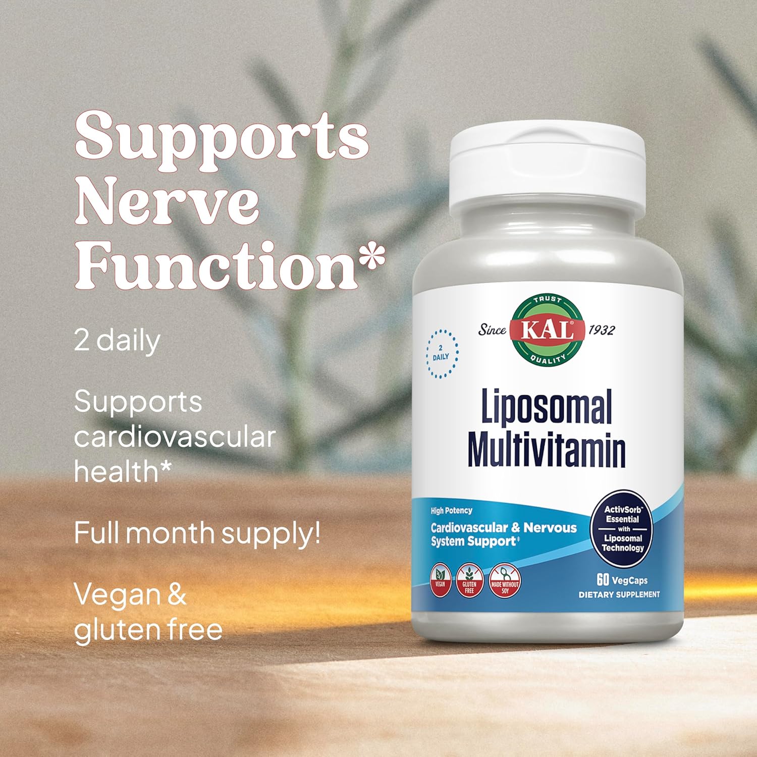 High Potency Liposomal Multivitamin for Men and Women - Cardiovascular and Nervous System Support - 30 Servings, 60 VegCaps - KAL Liposomal Formula