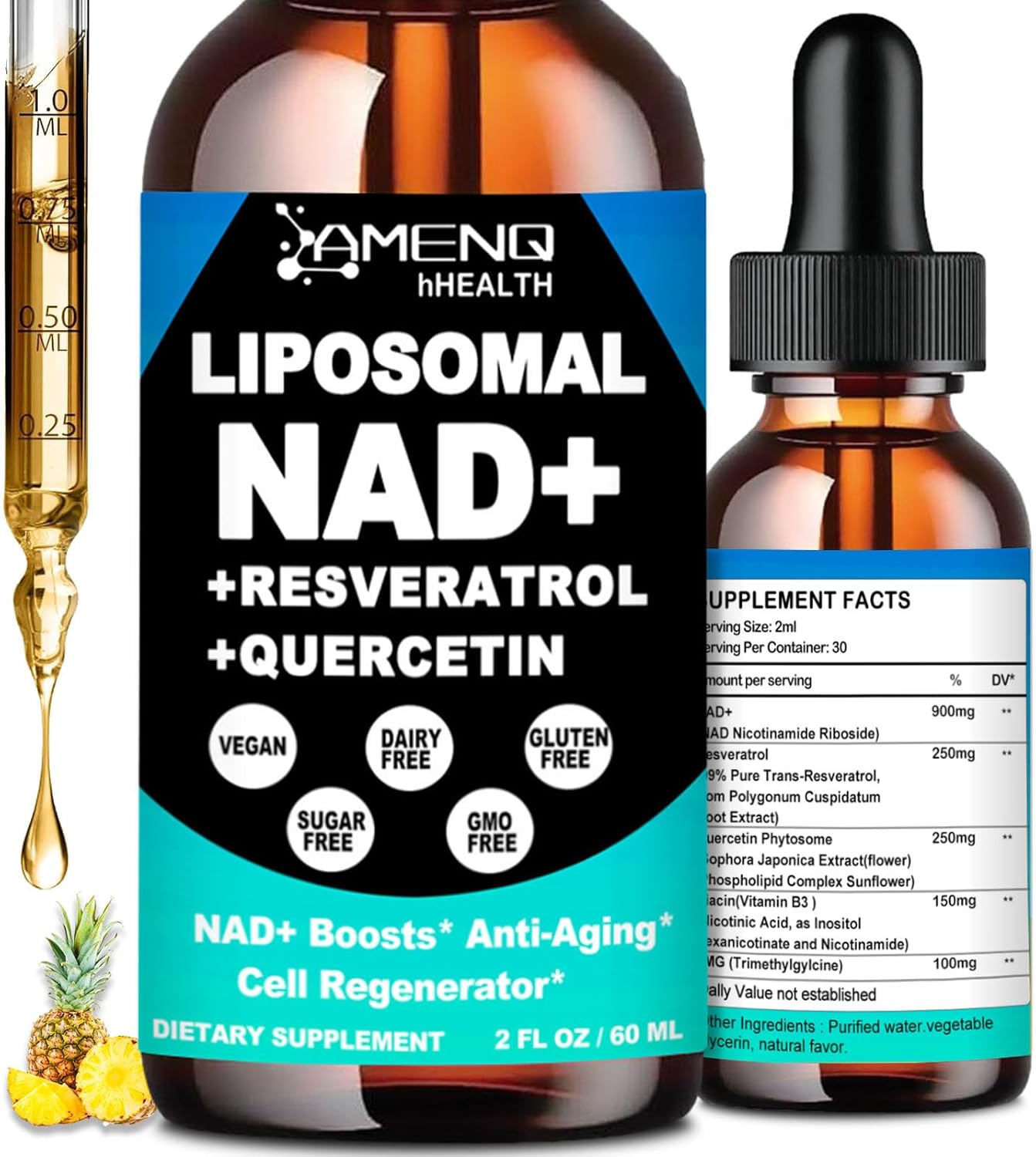 High Potency Liposomal NAD Plus Liquid Supplement with Resveratrol for Cell Regeneration and Anti-Aging - 900mg NAD Nicotinamide Riboside, Quercetin, TMG, Vitamin B3 for Longevity and Energy Boost