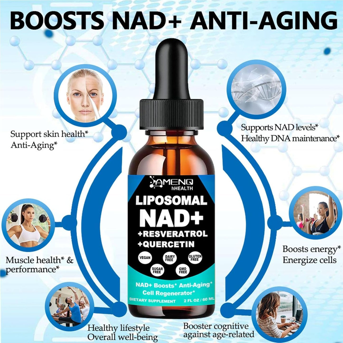 High Potency Liposomal NAD Plus Liquid Supplement with Resveratrol for Cell Regeneration and Anti-Aging - 900mg NAD Nicotinamide Riboside, Quercetin, TMG, Vitamin B3 for Longevity and Energy Boost