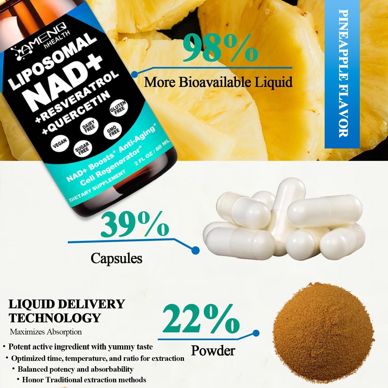 High Potency Liposomal NAD Plus Liquid Supplement with Resveratrol for Cell Regeneration and Anti-Aging - 900mg NAD Nicotinamide Riboside, Quercetin, TMG, Vitamin B3 for Longevity and Energy Boost