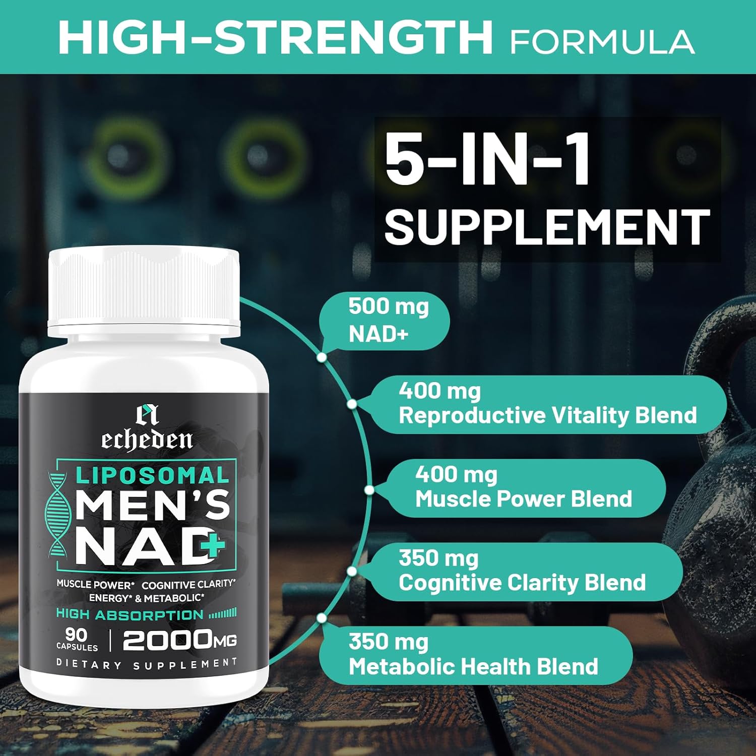 High-Potency Liposomal NAD+ Supplement for Men - 5-in-1 Formula with 99% Absorption - Made in USA - 90 Vegan Capsules