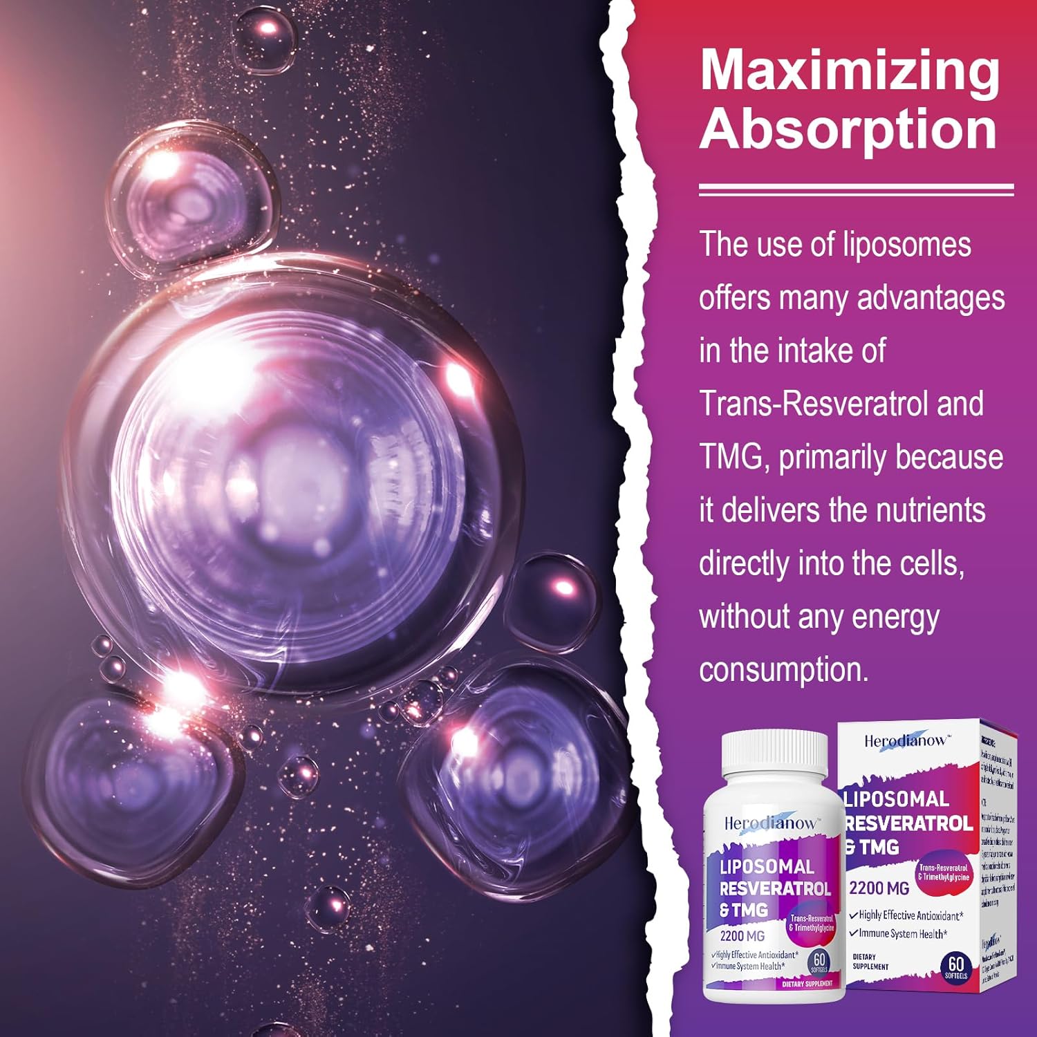 High Potency Liposomal Resveratrol with TMG Supplement 2200 MG - Antioxidant for Immune System, Skin & Health - 60 Softgels