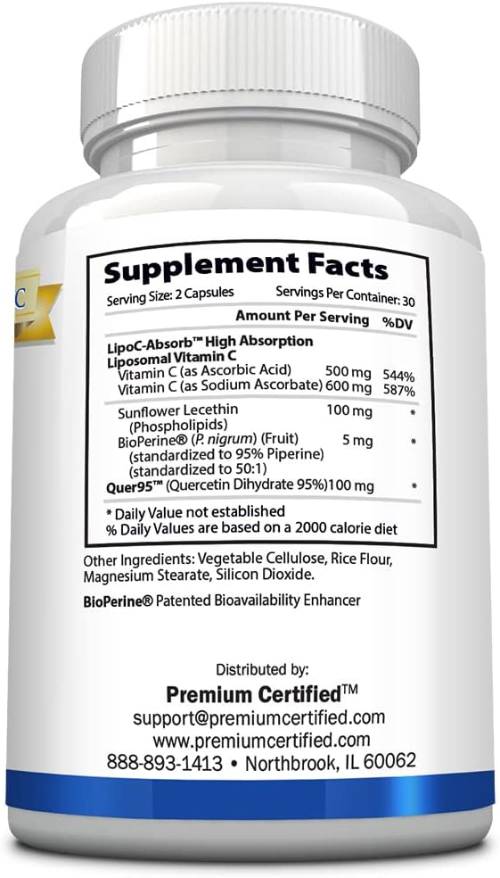 High Potency Liposomal Vitamin C Supplement - 1100mg - 60 Capsules - Easy on Stomach - Enhanced with Phospholipids & Bioperine - Supports Immunity, Antioxidants, and Collagen Production