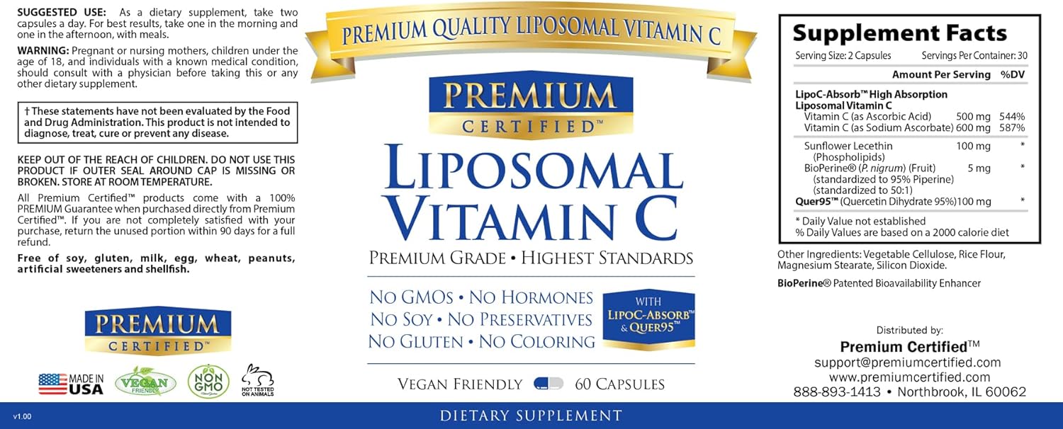 High Potency Liposomal Vitamin C Supplement - 1100mg - 60 Capsules - Easy on Stomach - Enhanced with Phospholipids & Bioperine - Supports Immunity, Antioxidants, and Collagen Production