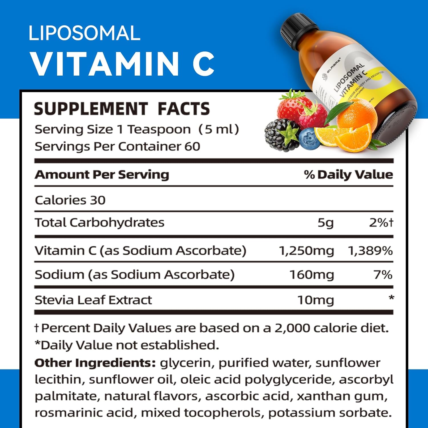 High Potency Liposomal Vitamin C Supplement for Immune Support - 1250mg, Superior Absorption, Skin Health, Non-GMO - 60 Servings