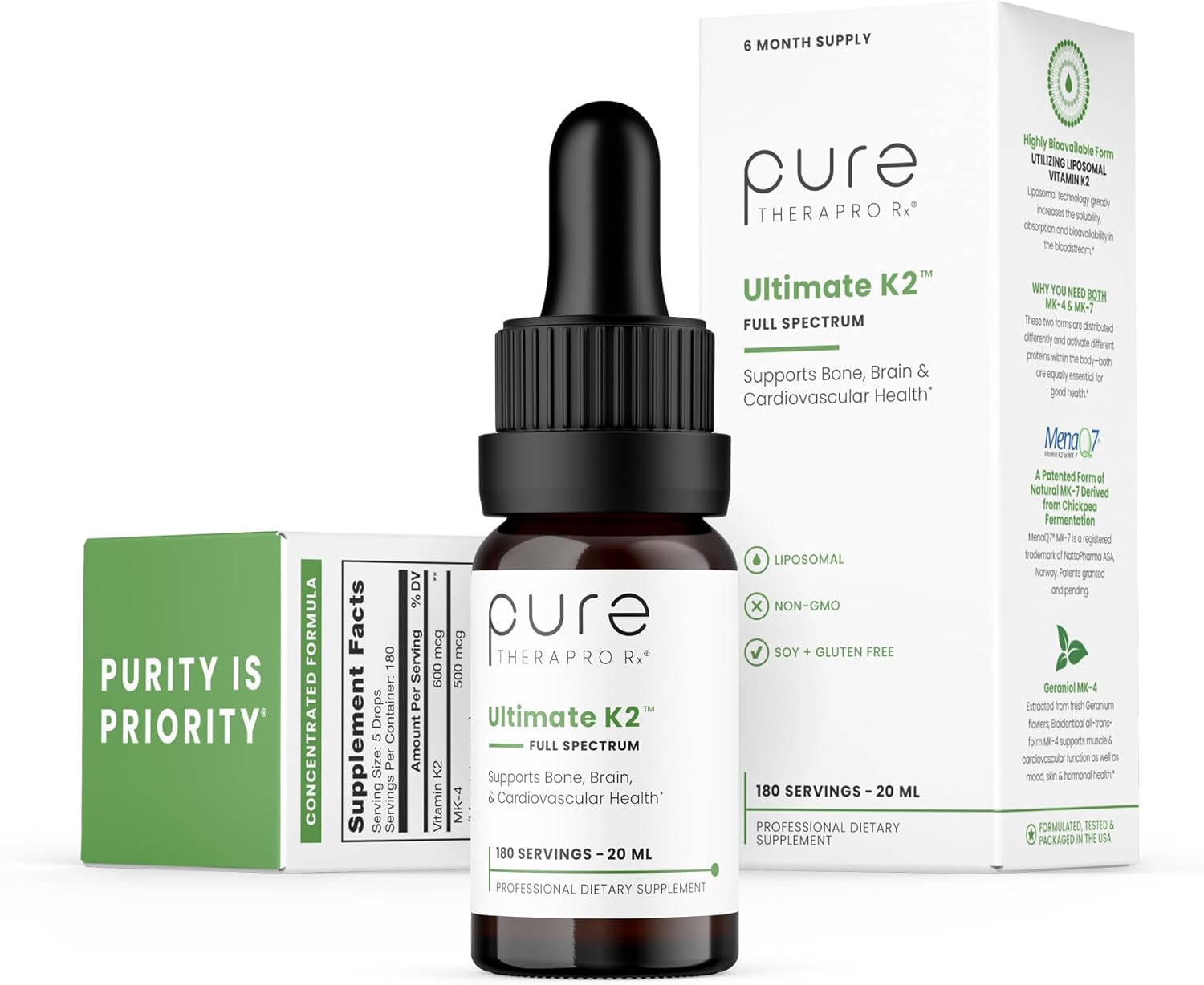High Potency Liquid Liposomal Vitamin K2 Drops - 600mcg | Vegan K2 as MK4 & MenaQ7 MK7 | Bone, Heart, Skin & Hair Support | 180 Servings