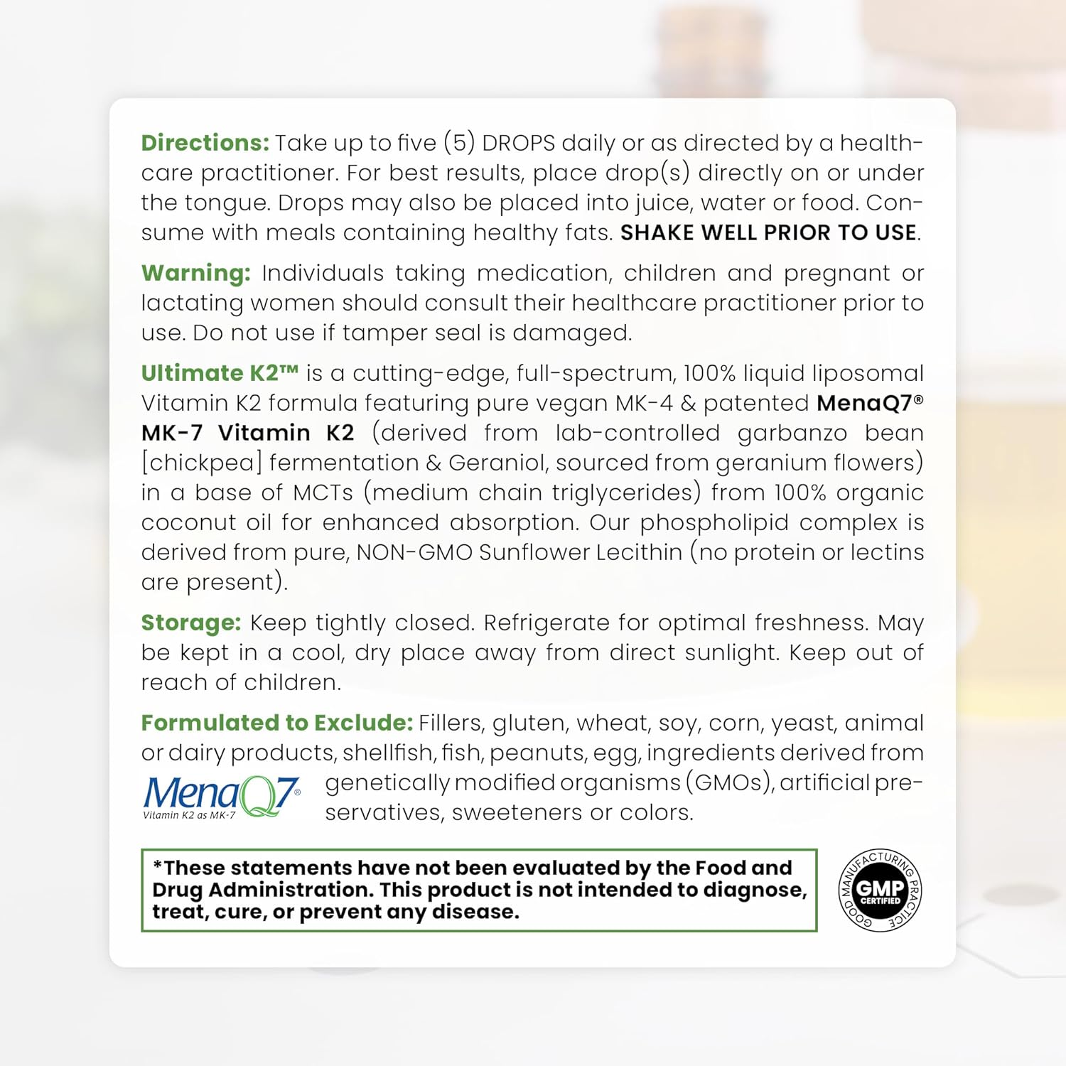 High Potency Liquid Liposomal Vitamin K2 Drops - 600mcg | Vegan K2 as MK4 & MenaQ7 MK7 | Bone, Heart, Skin & Hair Support | 180 Servings