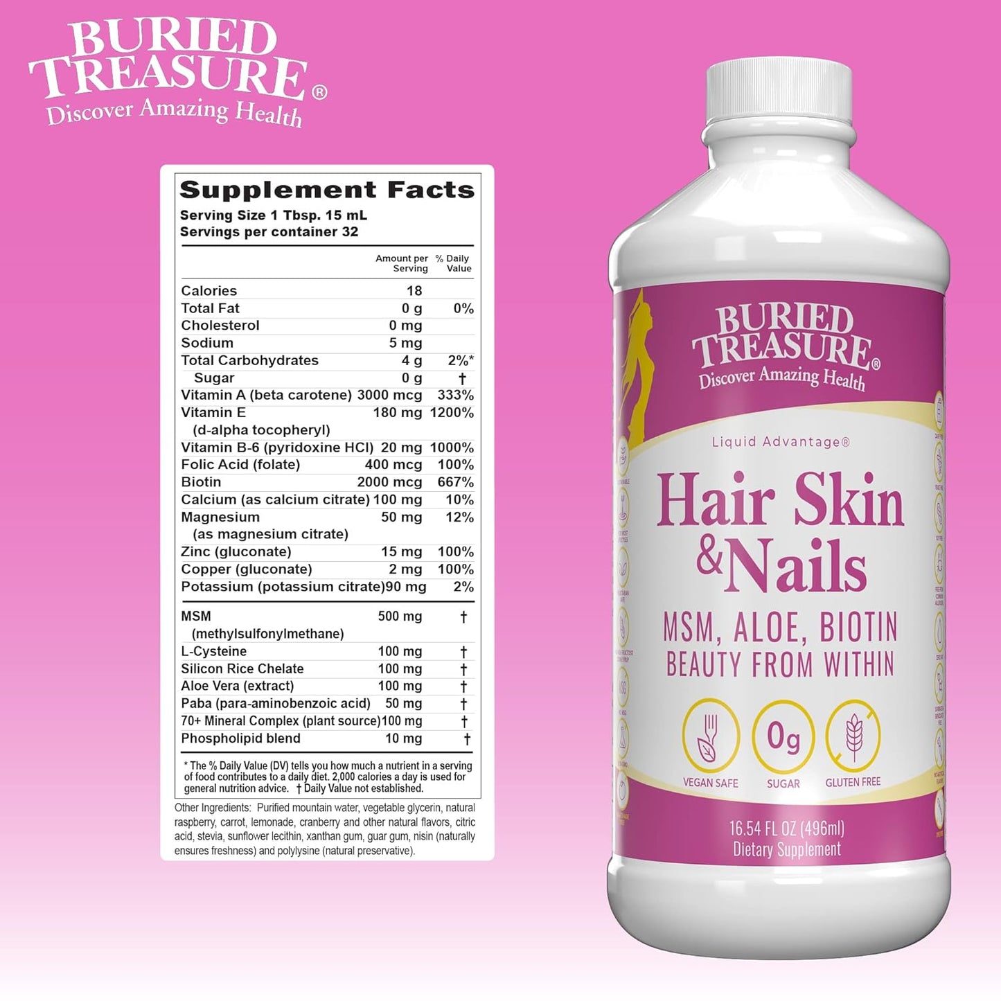 High Potency Liquid Whole Food Complex for Hair, Skin, Nails - MSM, Biotin, Aloe Vera, Vitamins & Minerals - 16 oz