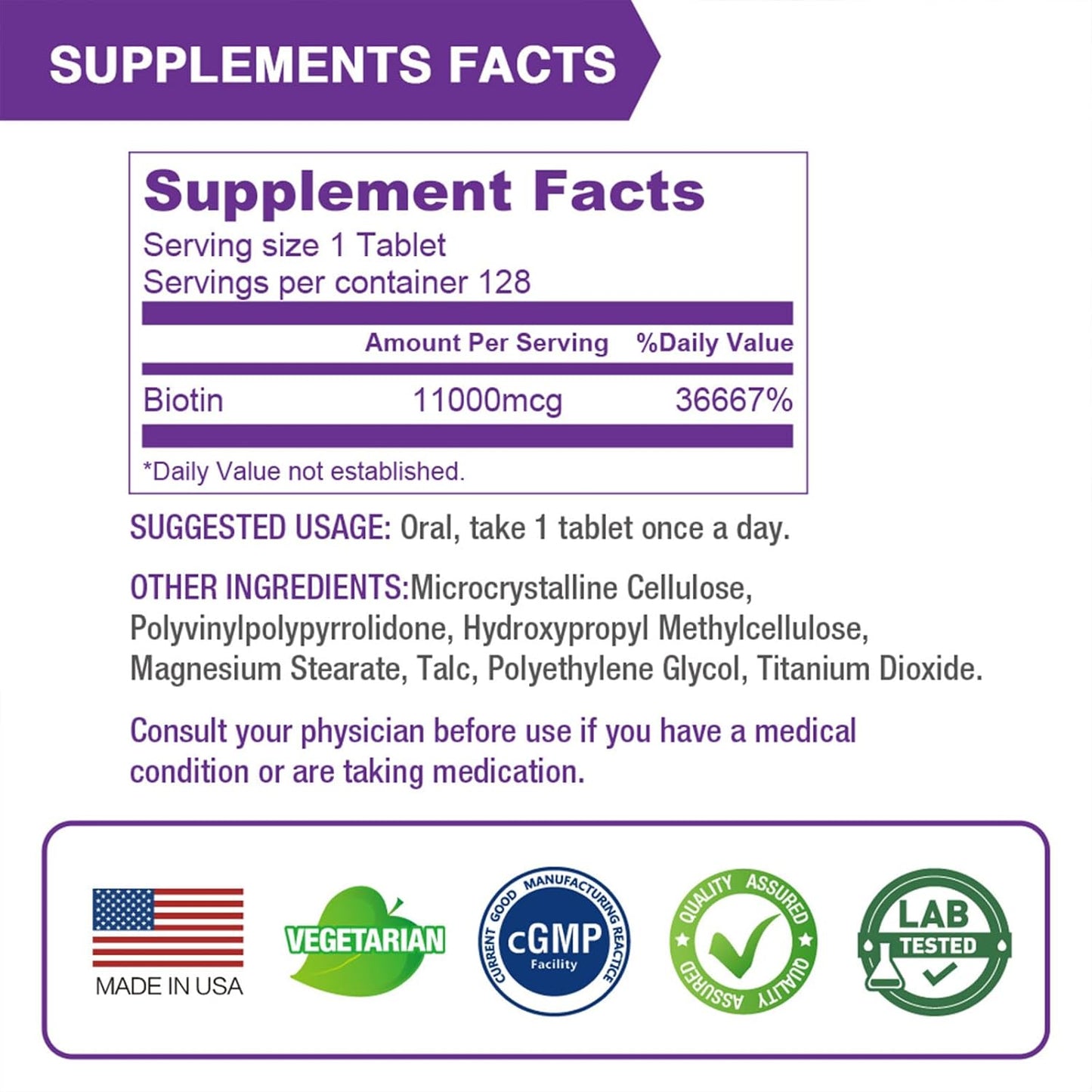 High Potency Lovita Biotin 11000mcg Tablets for Hair, Skin, and Nail Growth - 128 Vegetarian Fast Dissolving Tablets