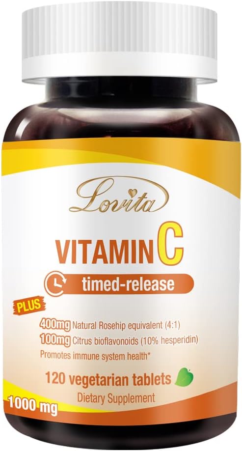 High Potency Lovita Vitamin C 1000mg with Bioflavonoids & Rose HIPS, Timed Release Tablets - 4 Month Supply for Immune Support