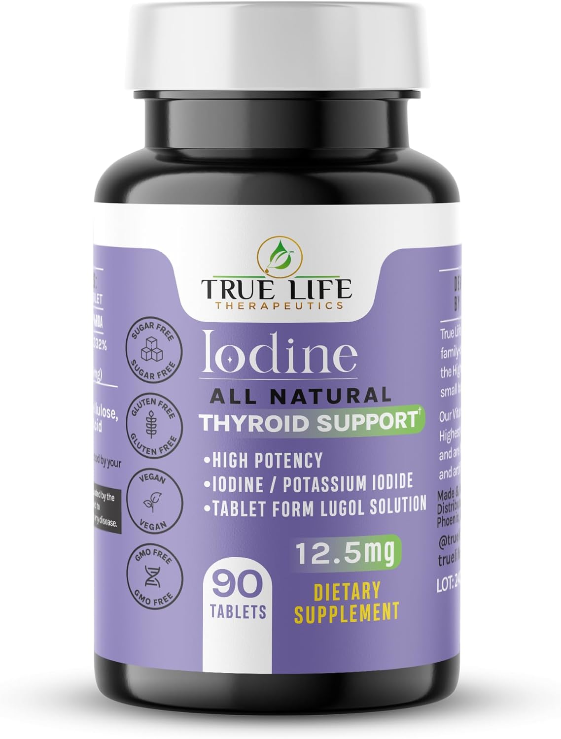 High Potency Lugol's Iodine Tablets 12.5mg - Thyroid Health, Detox, Metabolism, Energy - 90 Tablets