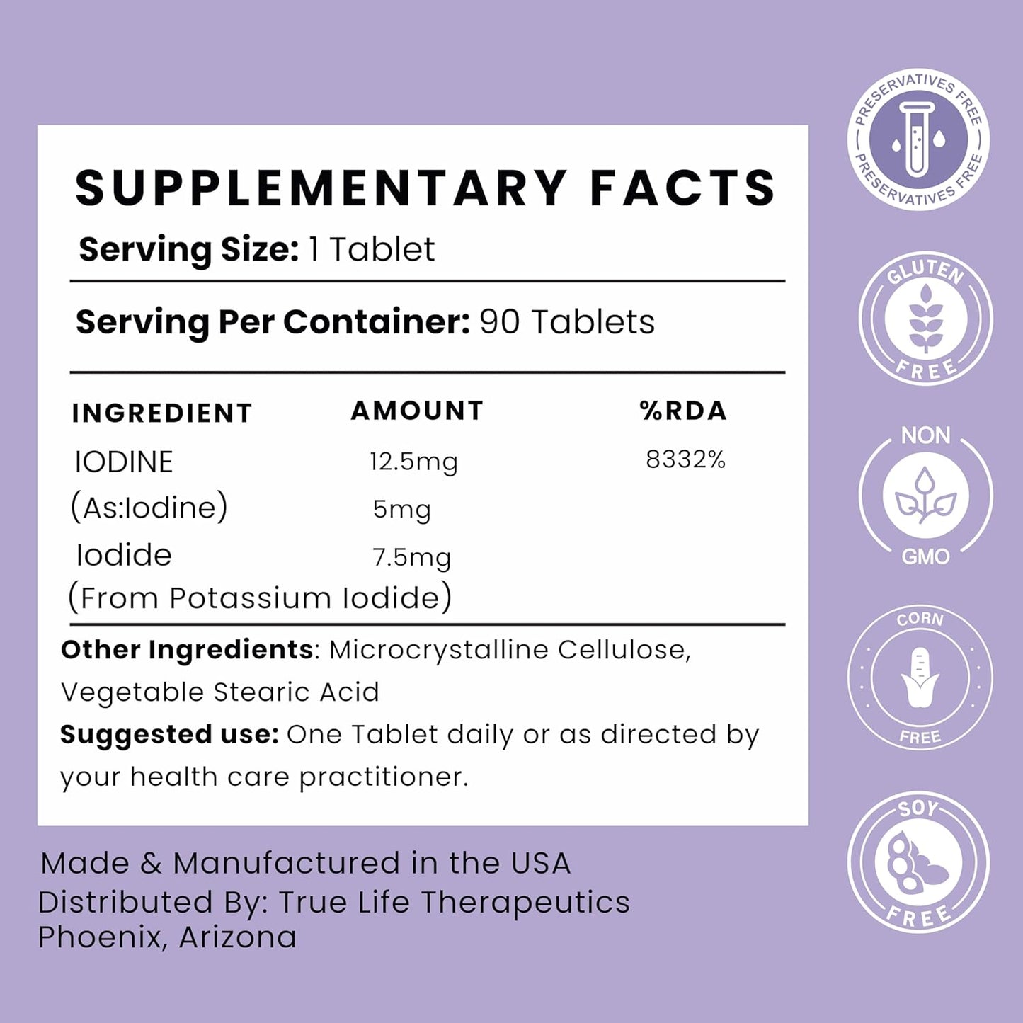 High Potency Lugol's Iodine Tablets 12.5mg - Thyroid Health, Detox, Metabolism, Energy - 90 Tablets