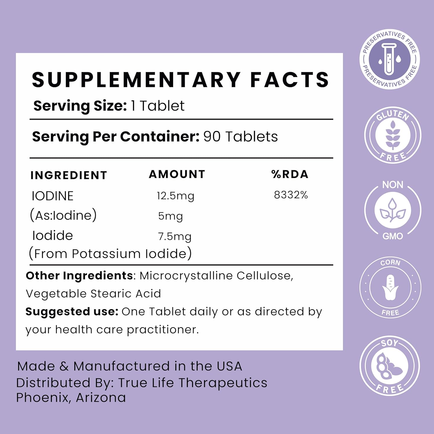 High Potency Lugol's Iodine Tablets 12.5mg - Thyroid Health, Detox, Metabolism, Energy - 90 Tablets