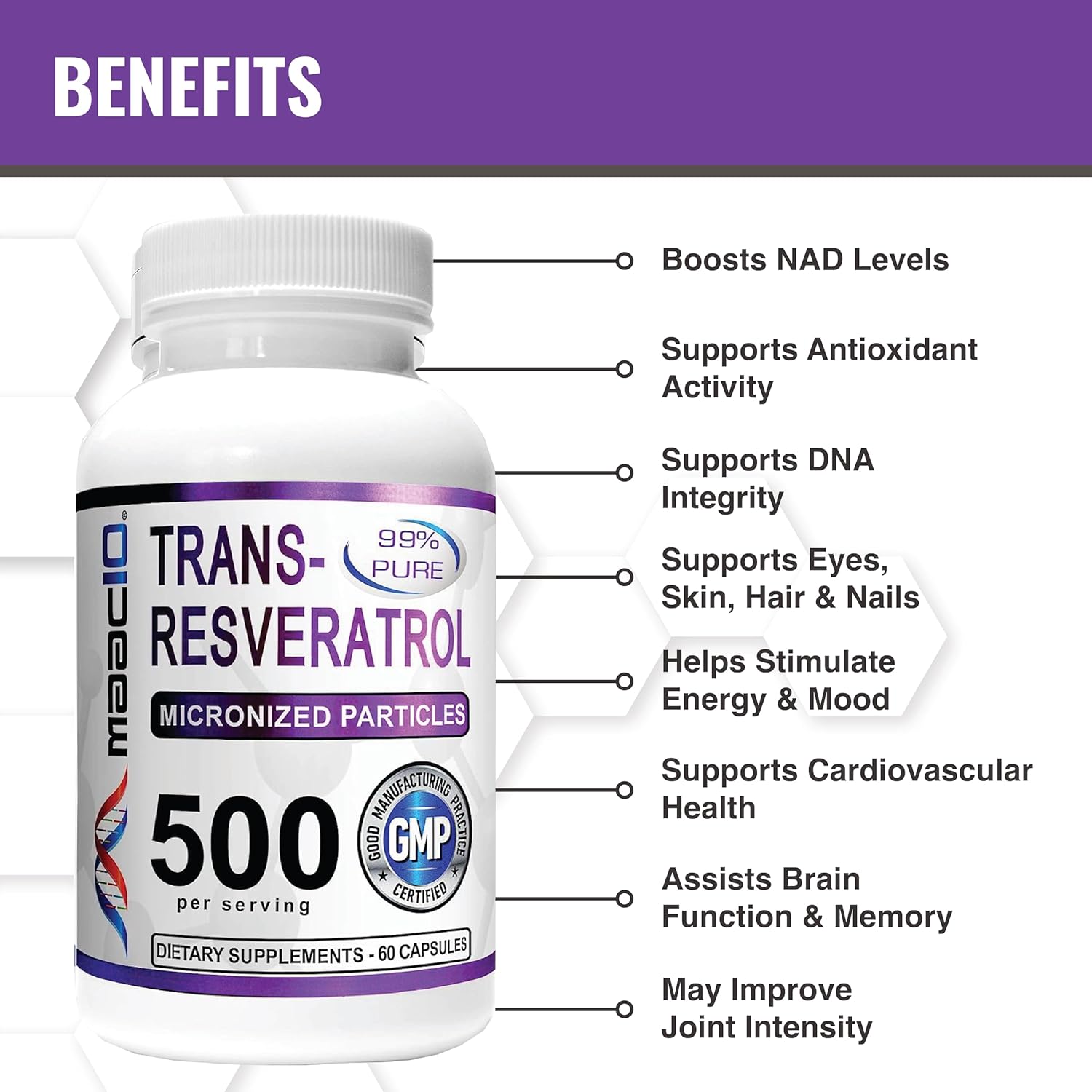 High Potency MAAC10 Trans Resveratrol Supplement with BioPerine for Enhanced Absorption - 500mg (2X 250mg Capsules 60ct)