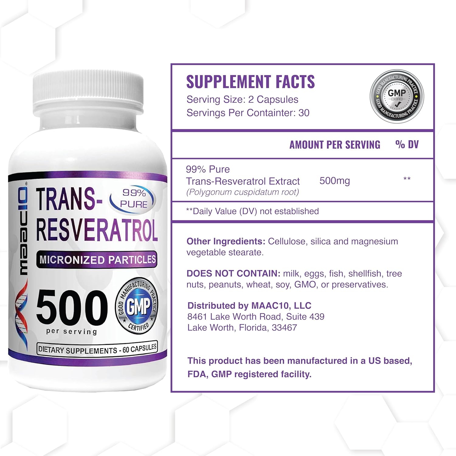 High Potency MAAC10 Trans Resveratrol Supplement with BioPerine for Enhanced Absorption - 500mg (2X 250mg Capsules 60ct)